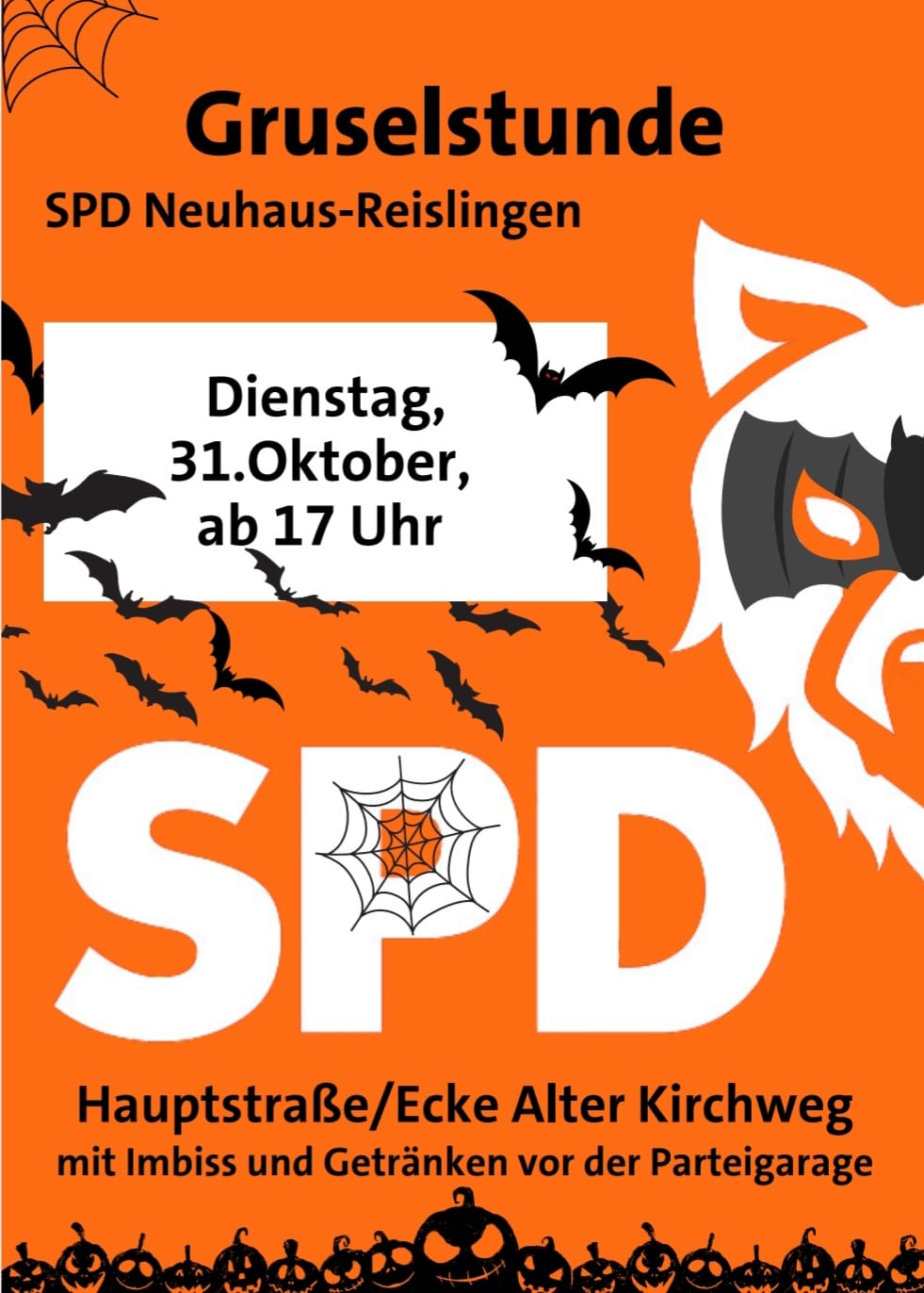Orange Halloween-Flyer der SPD Neuhaus-Reislingen mit Datum, Uhrzeit und Veranstaltungsort.